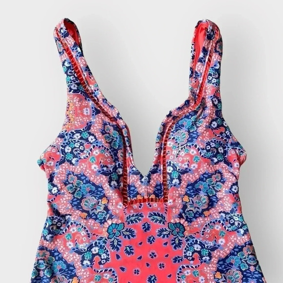 Red Carter Panel Plunge V-Neck One Piece Swimsuit Sz L - Picture 3 of 10